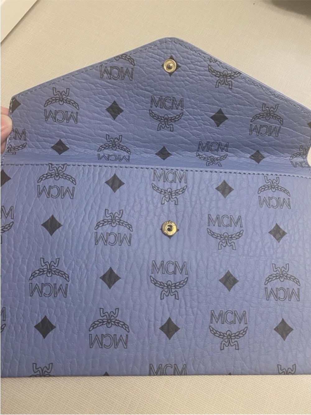 MCM Light Blue Logo Envelope Wallet clutch pouch like new with chain - Picture 9 of 11